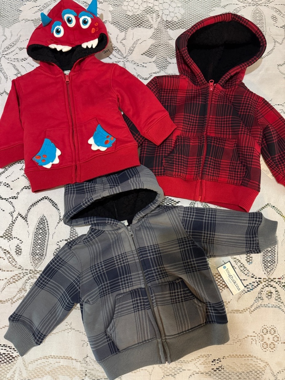 Toughskins Boys 12M 12 Months Lot of 3 Zip Up Sherpa Lined Hooded Jackets